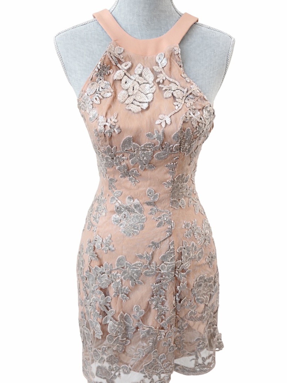 Dress the Population Blush Sequin Lace Fit & Flare Cocktail Dress XS Halter